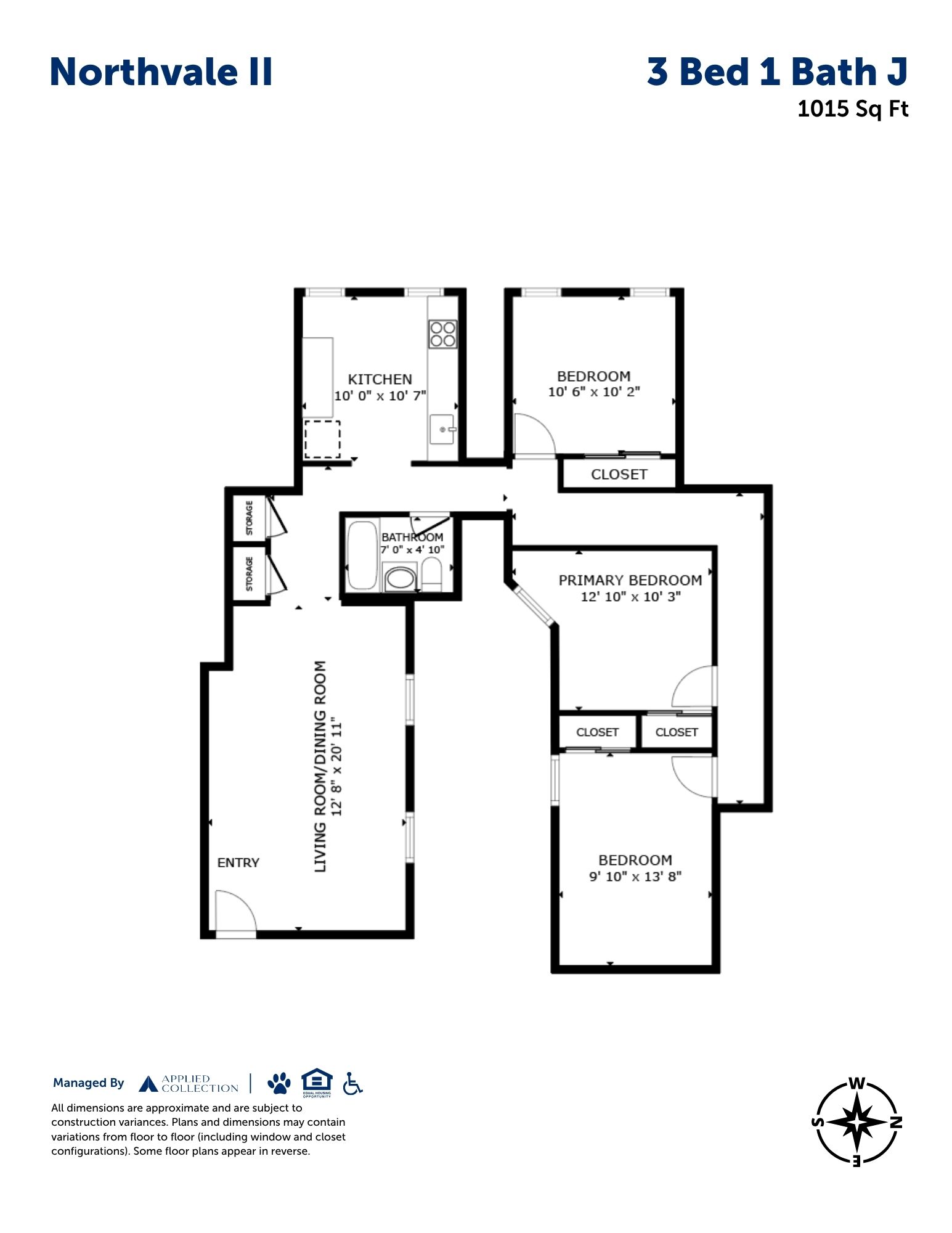 Floor plan for 3 beds, 1 bath, 1015 sqft